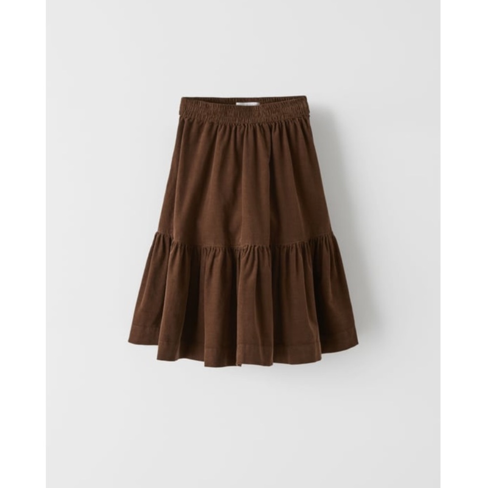 Zara Kids Girls Pleated Fine-Waled Corduroy MIDI Skirt Brown 9 Elastic Waist